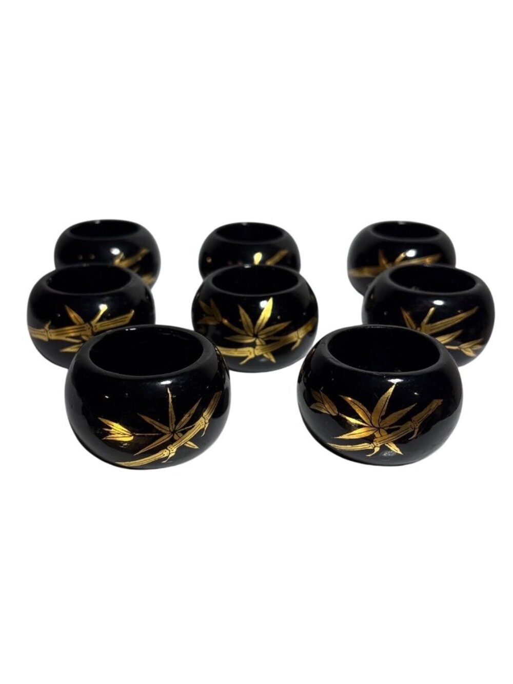 8 Asian Black Lacquer Napkin Rings Metalic Gold Bamboo Vintage Maki-e Style 1.5"
